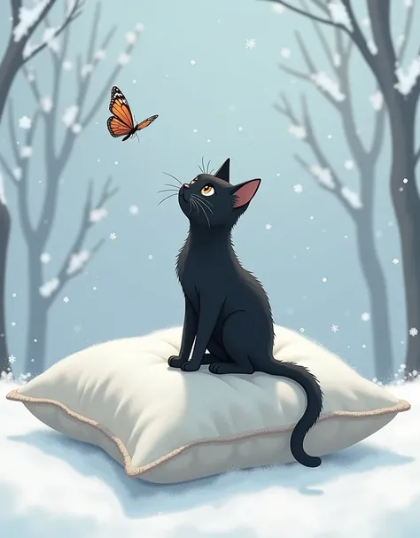 Pillow,butterfly cat,black, snow