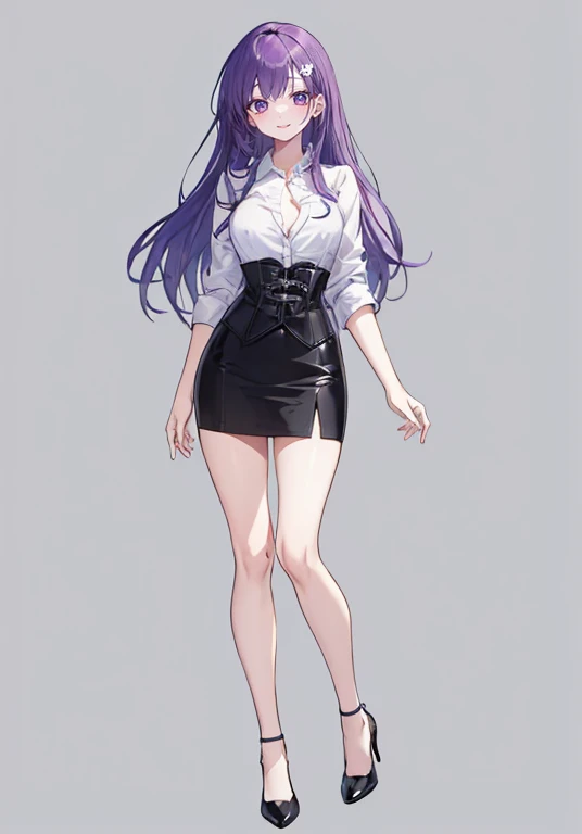 Purple hair,long hair,Adult female,((Rolling up your sleeves shirt)),Open chest,(Corset),(Tight skirt),(high heels),((Simple White background)),Smile,((Full body)),((whole body)),Character Sheet,