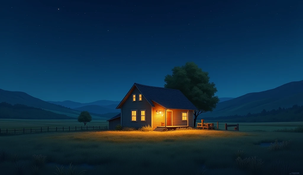 make a picture of a very simple house like those in the countryside, do it in the middle of the countryside at night with just the house lighting