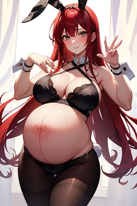 Beautiful pregnant bunny woman, (white criss cross halter bra), flowing red hair, big breasts, bunny ears, sexy pose, bunny tail