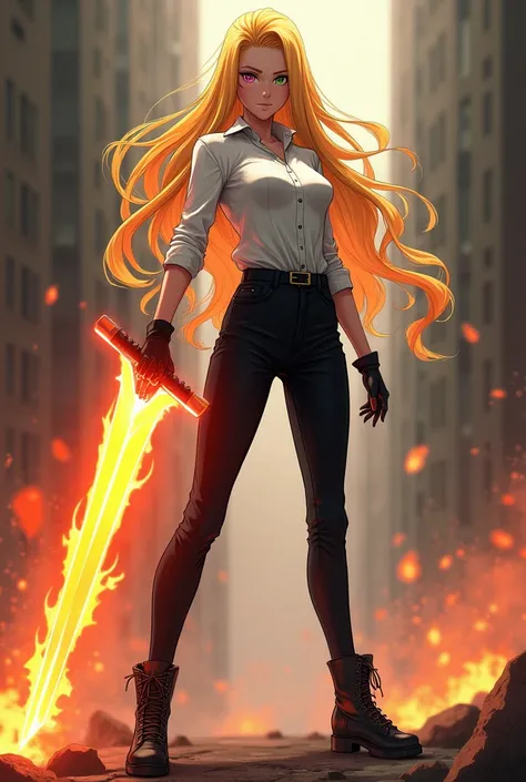 Jujutsu Kaisen character Blonde woman measuring one meter seventy-eight, with one pink eye and the other green, dressed in a white shirt, black pants and black boots, holding a fire saber sword