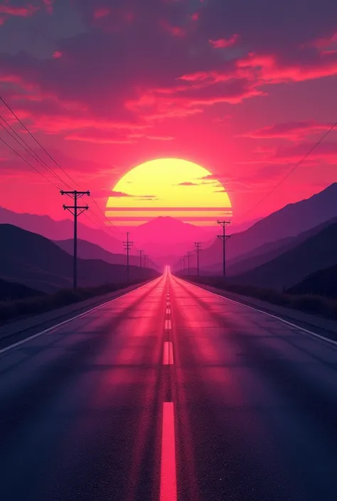 (synthwave:1.2), straight highway towards the sunset