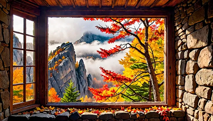 in the window of an old house, there is a view outside with many towering rocks surrounded by clouds and mist. the pine tree nex...