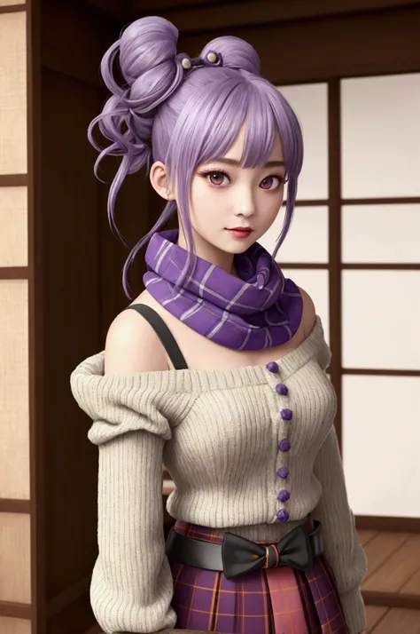 (Realistic painting style:0.9), masterpiece, Best Quality,  absurdities, looking at the viewer, Alone, keqing (lantern rite) (genshin impact), keqing (genshin impact), Bun, Skirt, scarf, purple sweater, white Skirt, purple hair, sweater, two tails, purple ...