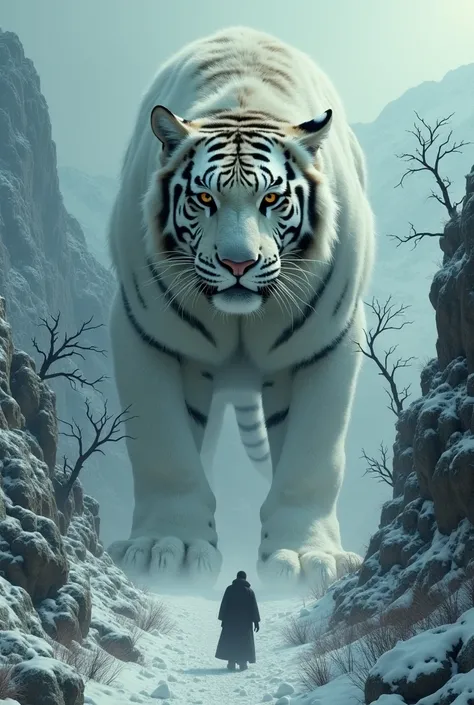 dvd screenbag, from 1980 dark fantasy film, low resolution dark candid, in the style of dark fantasy landscape, a giant, abominable and monstrous white tiger among trees on a snowy mountain.