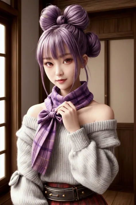 (Realistic painting style:0.9), masterpiece, Best Quality,  absurdities, looking at the viewer, Alone, keqing (lantern rite) (genshin impact), keqing (genshin impact), Bun, Skirt, scarf, purple sweater, white Skirt, purple hair, sweater, two tails, purple ...