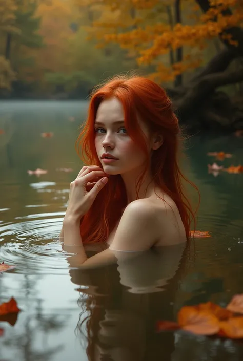 a hyperrealistic photo of a redheaded woman bathing in a lake. Il fait et chaud, it&#39;s autumn, the trees are rusty pain. Dead leaves are scattered all over the water.. 