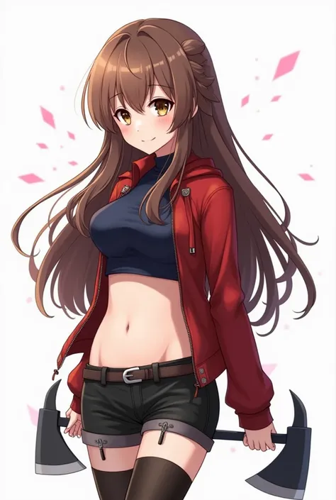 Anime girl with long straight brown hair with a braid, Brown eyes, A red touca, Caucasian skin, dark blue cropped top, shorts preta, black boots with 2 iron axes attached to the back sexy