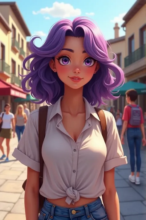  a young American woman A young American woman with medium purple hair and natural waves. your face is round, your clear eyes. In the public square in casual clothes