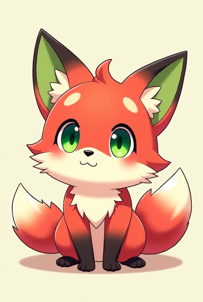 A fox as red as strawberries, with green eyes, chibi anime style, with green details