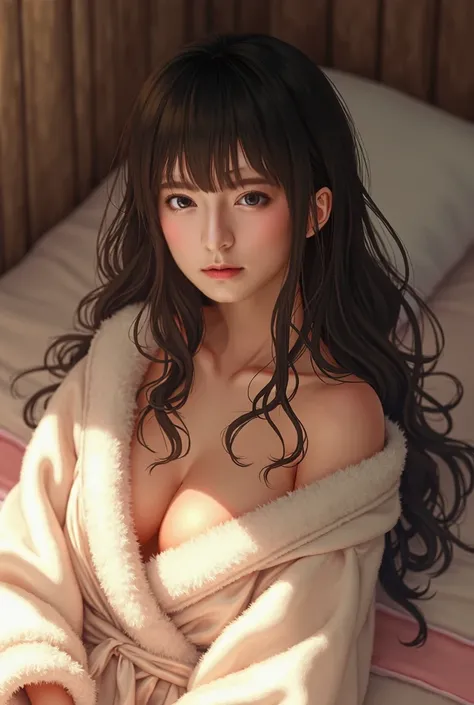 1girl, Japanese girl, long hair, bangs, shiny skin, bathrobe,