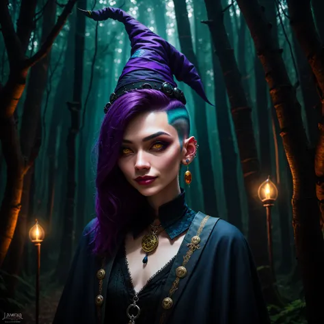 a witch with black pixiecut shaved in sides, model face, small eyes and lips, amber eyes, enigmatic smile, ear piercings, standing in front of a forest illuminated, crowd of other witches, alternative witch-style clothing, anatomically correct, best qualit...