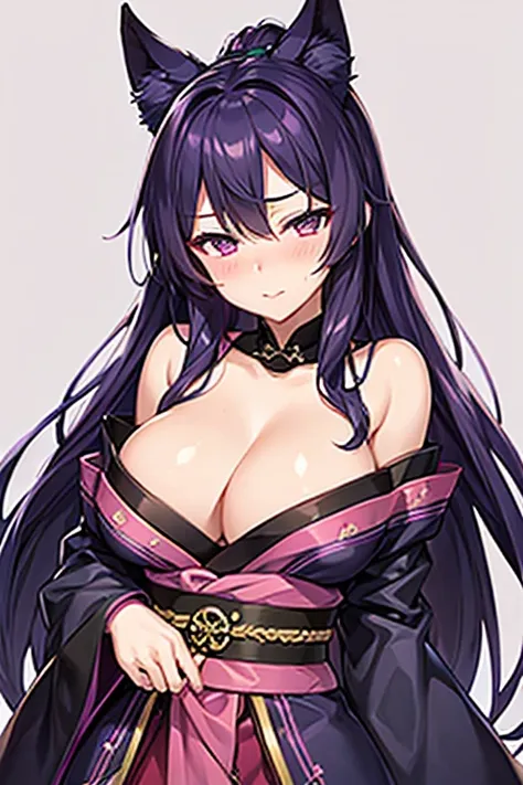 Waifu zorro, milf, Long hair, blush, violet eyes, High resolution, bust, with a kimono, Orejas de zorro, 