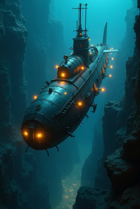 a deep sea submarine, intricate steampunk style submarine, glowing bioluminescent deep sea creatures, sunken pirate treasure, ancient sunken ruins, dramatic lighting, highly detailed, photorealistic, 8k, (best quality,4k,8k,highres,masterpiece:1.2),ultra-d...