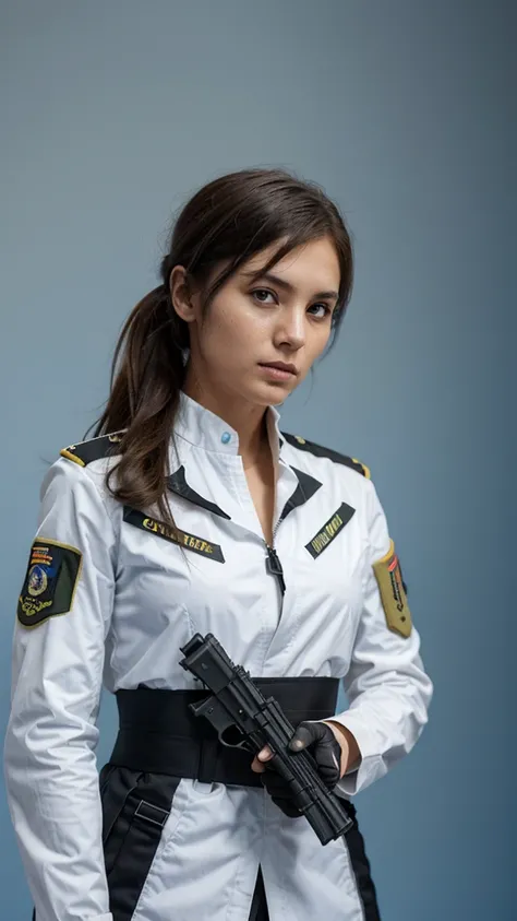 A woman in a white camouflage military uniform holds a gun,war,Blue background