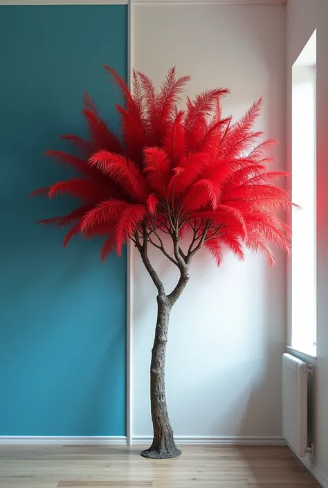 Create a room where one wall is smalt blue and the other two walls are white. On one white wall a red tree is drawn instead of leaves, it has feathers.