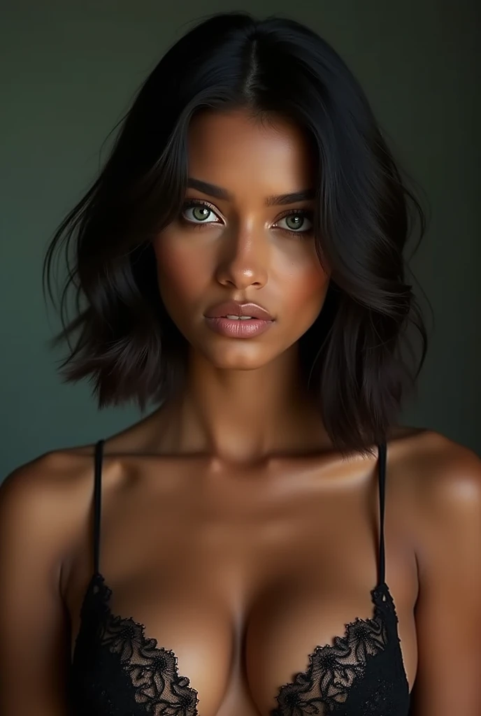 Brazilian mulatto woman, approximately 2. 1.60m tall and approximately 65kg. Corpo fitness. Straight hair with layered bob style, sultry gaze, olhos amendoados, blue colored eyes, breasts big. looking from the front. delicate and feminine face.