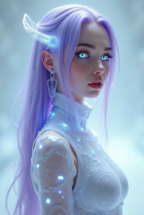 a realistic woman that has a delicate yet striking beauty with glowing pearlescent skin. She has long, flowing lavender hair and pale, ice-blue eyes. She wears futuristic, avant-garde fashion, blending digital and physical aesthetics with translucent mater...