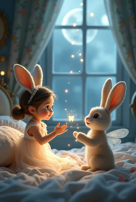 A tooth fairy appears to a little rabbit girl