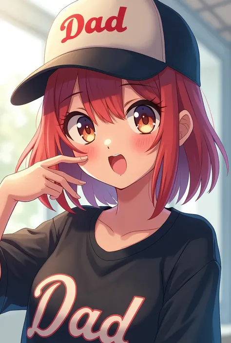 anime woman wearing cap that says dad, black shirt with dad written on it