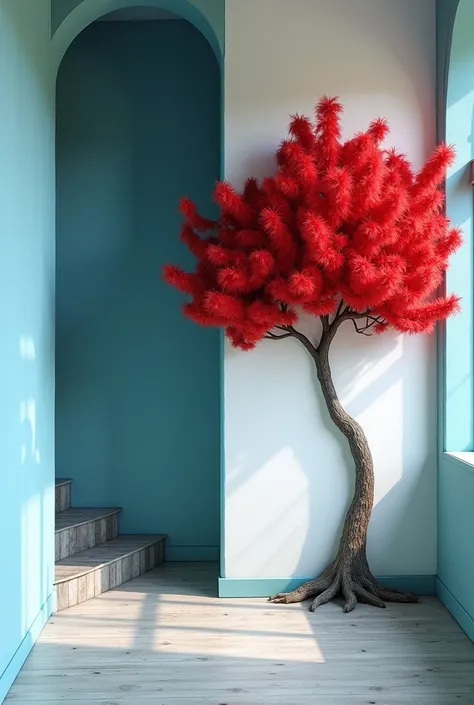 Create a room where one wall is smalt blue and the other two walls are white. On one white wall a red tree is drawn instead of leaves, it has feathers.