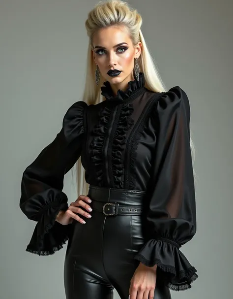 hyperealistic photo A full body shot of a beautiful blonde woman Gothic black brocade blouse with flared sleeves, lace details, and ruffles on the collar and cuffs, paired with high-waisted leather leggings that accentuate her strong legs. She wears heavy ...