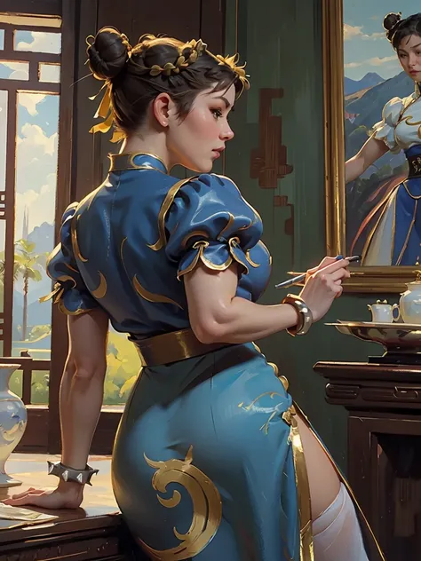 (AOC:1.1), (Oil painting:1.2), from behind, encorvado, Curved, Slightly Wide hips, thick thighs, (chun li:1.3), brown hair, ((Double bun hair:1.2, Bun cover:1.5)), lipstick, makeup, blue dress, Blue cheongsam with side slits, Blue footwear, brown pantyhose...