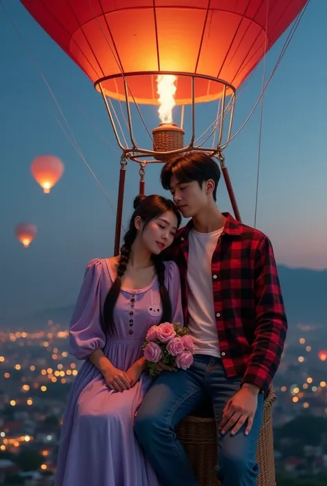 Create an image from a top angle) A beautiful Asian woman with black hair and wrapped pigtails is inside a large hot air balloon basket box., she wore a light purple vintage midi dress with a pink bunny motif, big collar, loose sleeves, button decoration o...