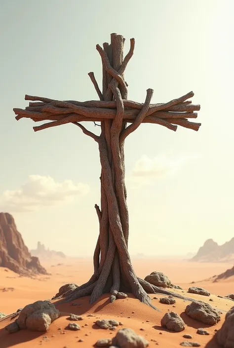 Cross made of branches in the desert 
