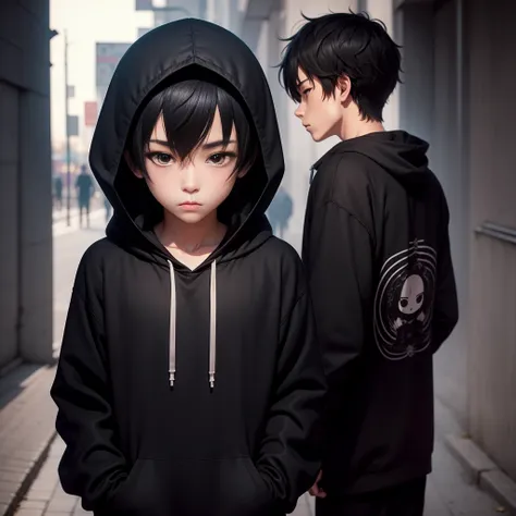 anime boy in black sweatshirt hood in black sweatshirt black hair black eyes black full wrap mask hands in pockets detailed port...