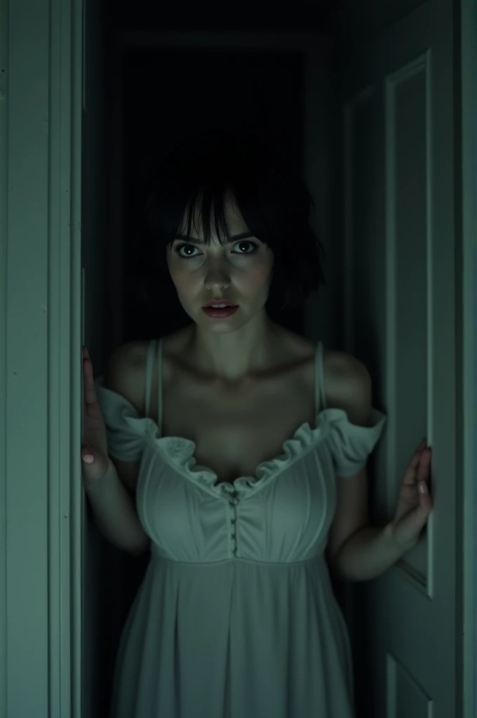 ((best quality)), ((masterpiece)), (detailed), a woman with short black hair in a nightgown, peeking from behind the wall, with a frightened facial expression. in the dark night. because the electricity at home went out.