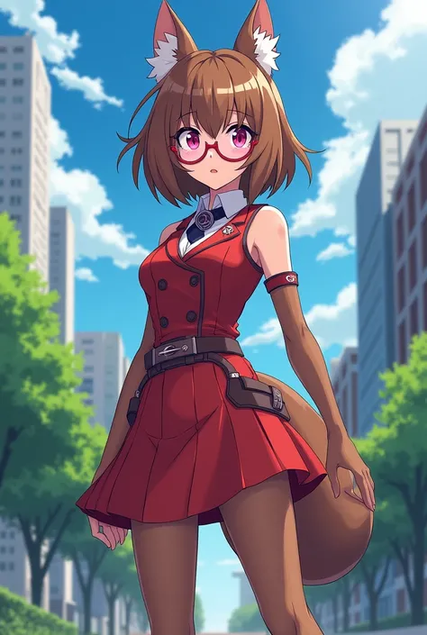 My Hero Academy,  girl ,brown fur, pink eyes,pink glasses, class 1 uniform.A from the hero academy, don telequenesis, my hero academia background 
