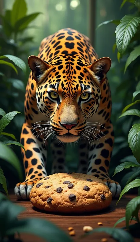 A leopard against the background of a brown cookie.  Scenario (a tropical jungle with a fat brown cookie in front of a leopard); high resolution, best qualityer, super detaill, ultra HD, foreground, lines of emphasis, OctaneRender 8K, 