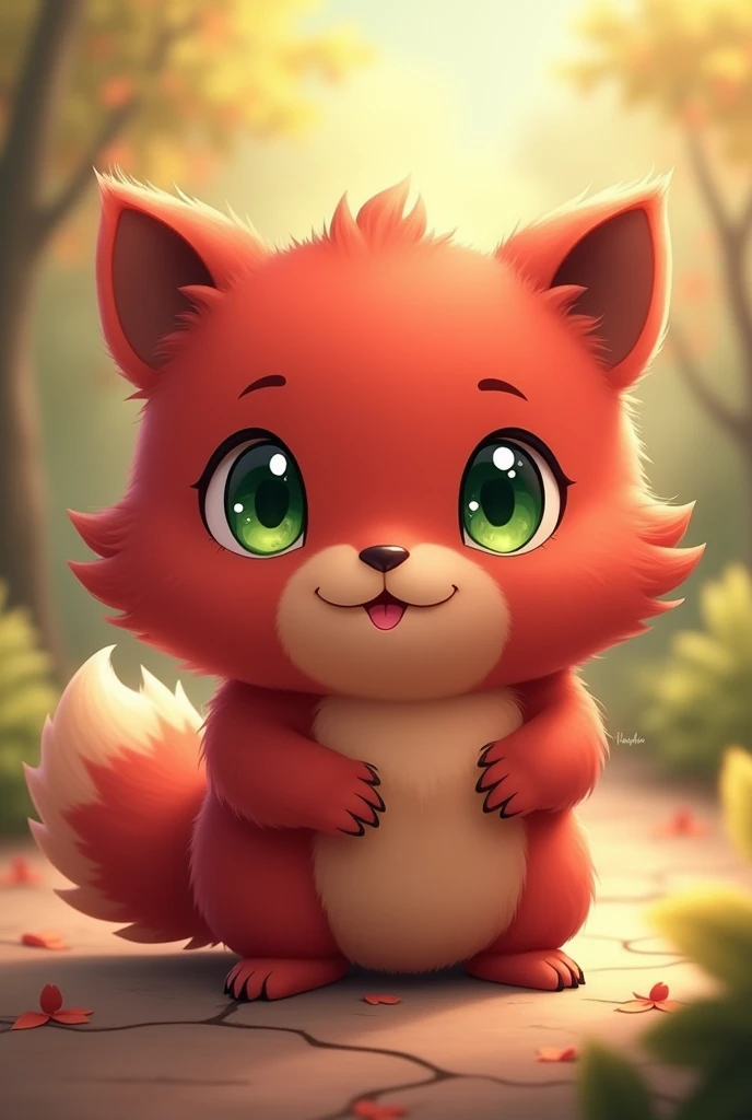 Create an animal with a maroon red fur , and green eyes, chibi anime style