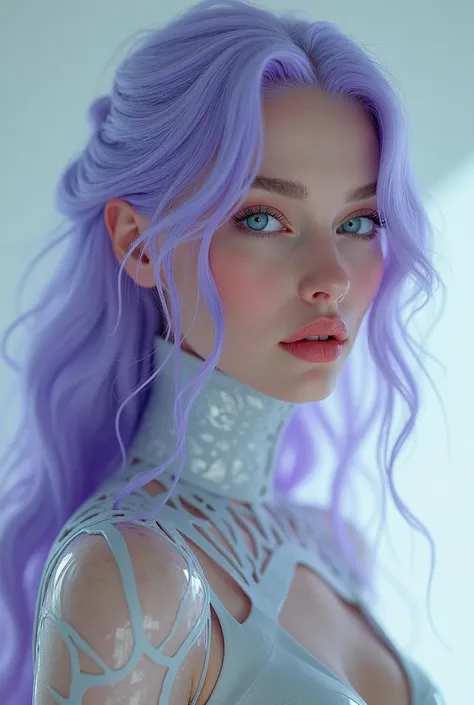 a realistic photo of a woman that has a delicate yet striking beauty with glowing pearlescent skin. She has long, flowing lavender hair and pale, ice-blue eyes. She wears futuristic, avant-garde fashion, she is sexy and beautiful