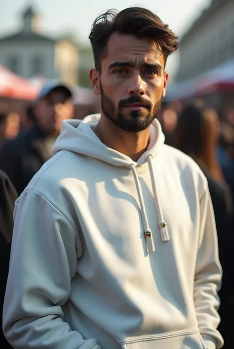 Imagine a man , looking at the camera. He wears a white sweatshirt with a certain shine., with people behind, with beard