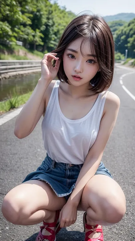 One girl、High resolution、high quality、invisible to AI、Real People、Young face、Realistic facial expressions、A vivid face、Landmine makeup、skinny、short length、Summer clothes、Fashionable clothes、mini skirt、Beautiful Japanese Landscape、Cool photos、squat、Interest...