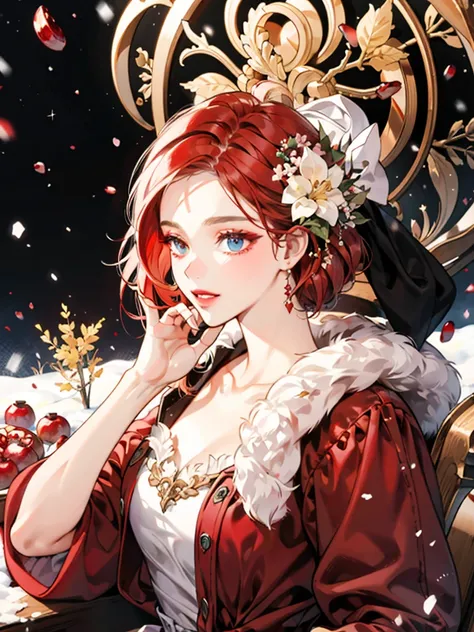 only one lady, masterpiece, Best Quality, landscape full of magical flowers, a woman with red hair and snow white skin, she has eyes of a strong amber color, High nose and lips as red as a pomegranate, duchess dress, elegant dress