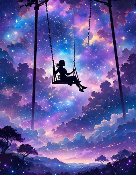 The image depicts a silhouette of a person sitting on a swing. The background is a starry night sky filled with stars, nebulae, and cosmic clouds, predominantly in shades of purple and blue. The silhouette is centrally placed, and the scene gives a feeling...