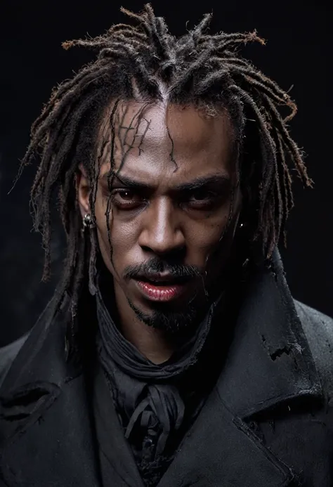 Vampire, more or less dark skin, with short dreadlocks, wearing a tattered black overcoat, thin face, wearing a goatee
