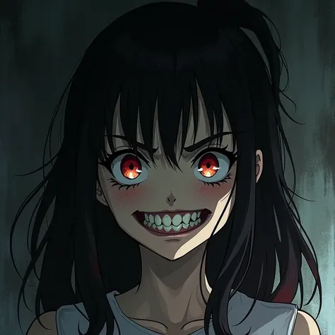 an evil anime girl with a sinister grin, style of 80scartoon, creepy, nightmare, by junji ito, 