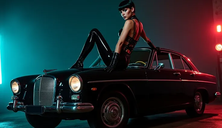 a woman in a latex outfit posing on a car with a hood, ava max, intricate latex outfit, inspired by Hedi Slimane, latex judgments, wearing a black latex suit, portrait of kim petras, latex outfits, intricate wet latex straps, black harley queen cosplay, ba...