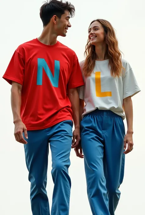 A couple wiring red shirts and blue trozers on shirt of man there is a letter of N and on shirt of girl letter of L