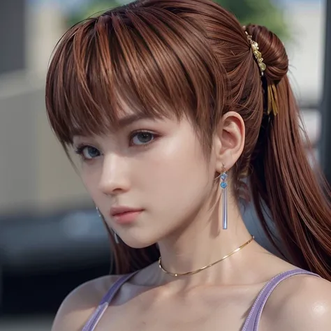 , kasumi, super detaill, side bangs, Hair tied on both sides, crystal earrings, Seriously, Canon, cabelo roxo, 