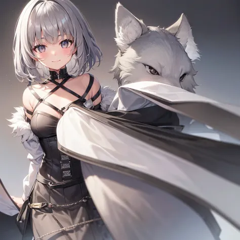 One girl, Gaze, smile, blush、Gray Eyes、Wolf Cut、
High resolution, Highest quality, Gray Hair, Cross bangs, Simple Background, anime, anime風, Short Hair、From the upper body