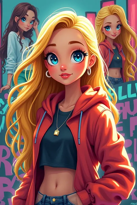 Hip hop cartoon girl blonde hair with Halle in graffiti writingLong Hair, Blue eyes, Blonde Hair, Smile, Blue eyes, Sparkle, Backlighting, Digital Art, Icon Style, From Side, Multiple Views, Action Painting, Reflection Light, 