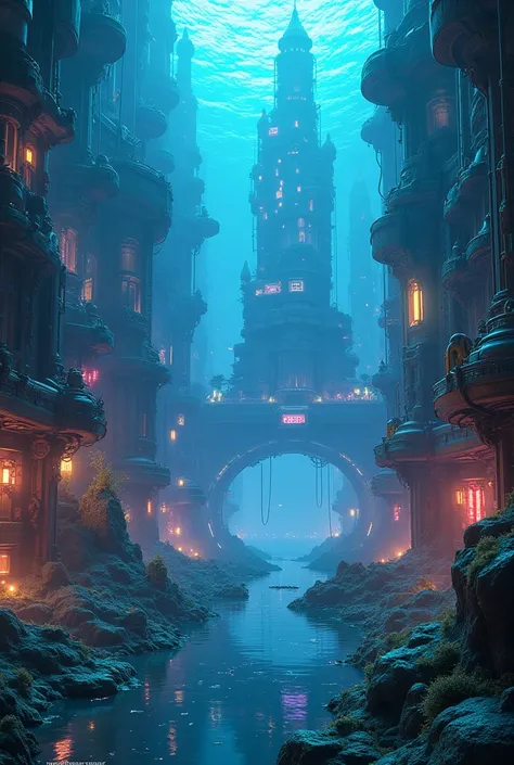 a technologically advanced underwater city, futuristic atlantis, magical and magnificent, colorful architecture and landscape, detailed cyberpunk environment, intricate machinery and technology, bioluminescent lighting, surreal and dreamlike atmosphere, ci...