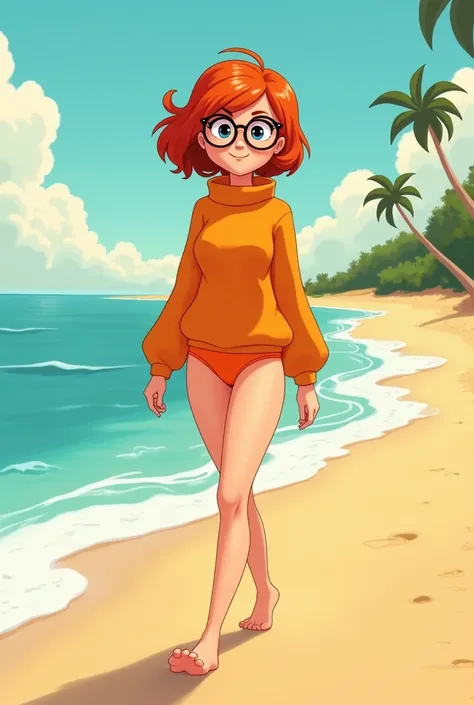 Cartoon velma dinkley walking at the beach wearing an orange sweater over a orange bikini bottoms , barefoot