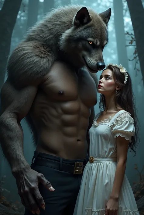 Book cover of man handsome face with
 werewolf body and innocent teenagegirl in maid outfit