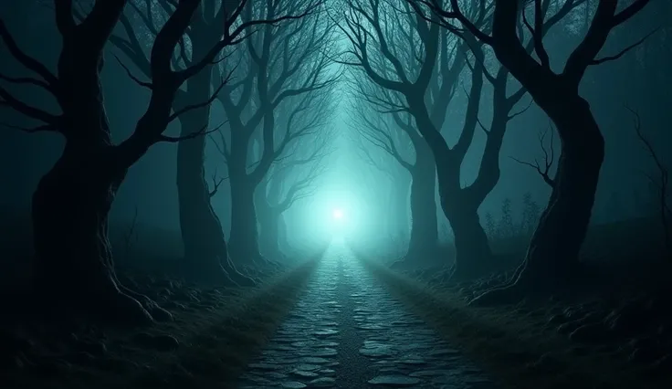 A dark and gloomy path winds between twisted trees whose branches tangle like bony hands, casting disturbing shadows on the ground. At the end of the path, a bright and mysterious light breaks the blackness, creating a surreal contrast between the oppressi...